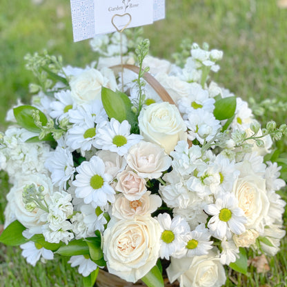 This angelic bouquet contains daisies, stock, roses, and spray roses in a basket and it will offer tranquility and affection to your loved one on any occasion. It will undoubtedly make your loved one joy by bringing sunshine into their home with this beautiful bouquet.
