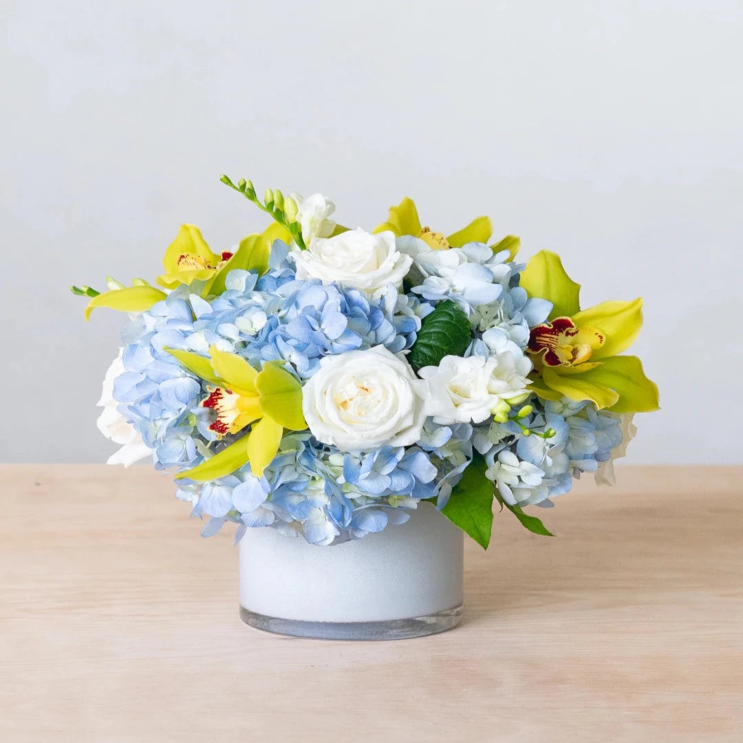 This design is classic and timeless, just like California. In a white glass vase, light blue hydrangea, green cymbidium orchids, and white roses are enhanced with white freesia.